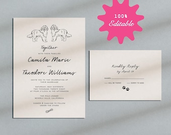 Dog Wedding Invitation, Printable Template, Hand Drawn Animal Theme, Digital Download, Customizable, Affordable, Modern, Trendy, Baby Shower