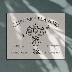 以下が含まれることがあります： 装飾的なフォントで「Cupcake Flavors」という言葉が書かれた、薄いベージュ色のサイン。テキストの下には、段になったスタンドにカップケーキが描かれています。記載されているフレーバーは、モカ、キャロットケーキ、レッドベルベット、ストロベリーです。