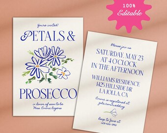Petals and Prosecco Bridal Shower,Floral Editable Invitation Template, Bloom Bar