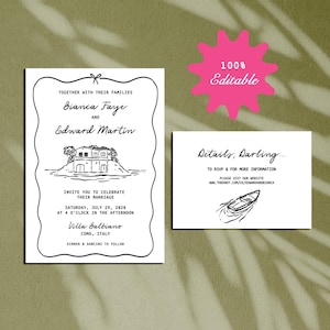 May include: A black and white wedding invitation with a hand-drawn illustration of a house on an island. The invitation is for Bianca Faye and Edward Martin, and it states that the wedding will take place on Saturday, July 29, 2028 at 4 o'clock in the afternoon at Villa Balbiano in Como, Italy. The invitation also includes a separate card with the text "Details, Darling..." and instructions to RSVP and visit the website www.theknot.com/us/edwardandbianca for more information.
