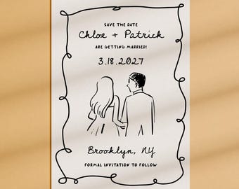 カップルのイラスト、編集可能な風変わりなセーブ・ザ・デート、印刷可能なテンプレート、手描きのイラスト、デジタルダウンロード、手頃な価格、トレンディ、モダン