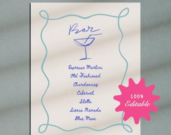 Hochzeitsbar-Menü-Vorlage, bearbeitbare Cocktailkarte, handgezeichnete Signature-Drinks, gewellter Rand
