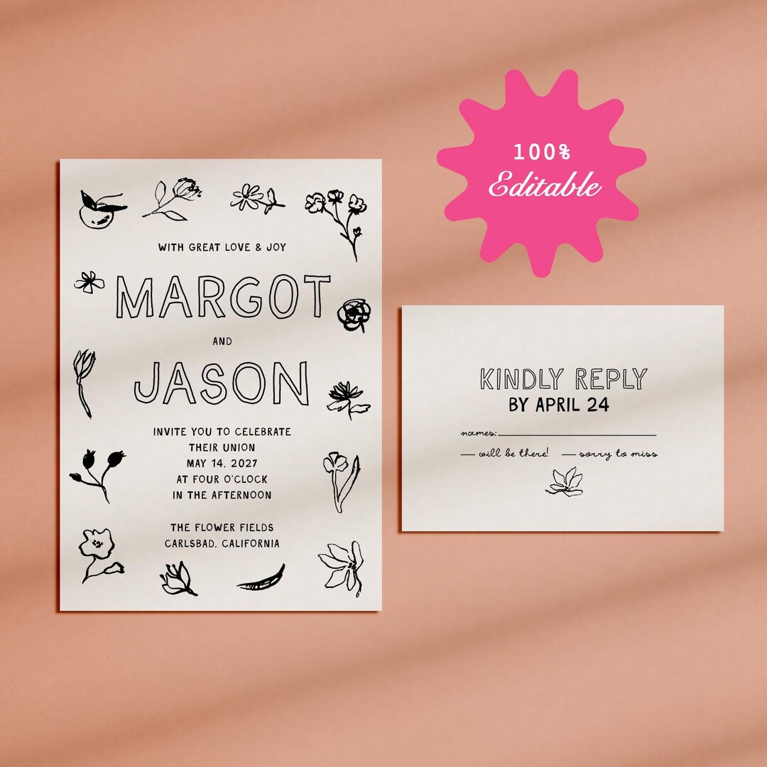Floral Wedding Invitation Template, Flowers, Cottage Core Invite, Hand ...