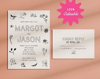 Floral Wedding Invitation Template, Flowers, Cottage Core Invite, Hand Drawn Stationery, French Garden Style, Modern, Trendy Bride, Digital