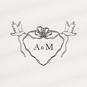 May include: A black and white line art illustration featuring two flying birds holding a ribbon that forms a heart shape. A decorative bow sits at the top centre of the heart, and the capital letters A and M are centred inside the heart outline.