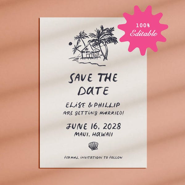 Destination Wedding Save the Date, Tropical, Beach, Ocean, Palm Trees, Tiki, Shell, Hand Drawn, Template, Surf, Hawaii