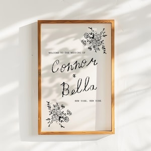 Modello di cartello di benvenuto per matrimonio / Moderno, stravagante, floreale / Disegnato a mano / Scritto a mano / Stile francese / Scarabocchio / Festa in giardino / Conveniente