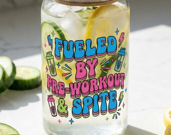 Fueled By Pre Workout & Spite Glass Cup | Funny Gym Rat Gift | Retro Fitness Can Glass | Frosted Iced Coffee Cup | Workout Motivation