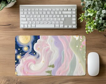 May include: A rectangular mousepad with a dreamy, pastel-colored design featuring swirling pink, purple, and green elements, a yellow moon, and stars. A white mouse and keyboard are visible.