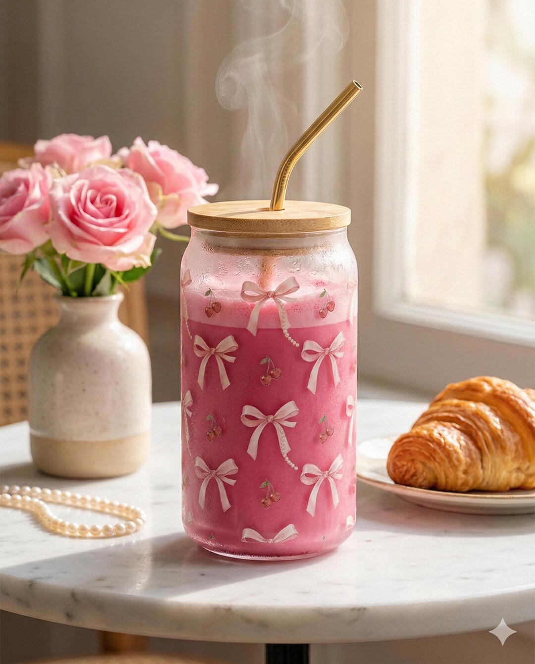 Coquette Bow Glass Cup | Cherry Ribbon Pattern | Pink Aesthetic ...