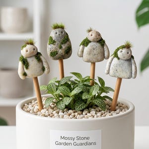 Op de afbeelding: Vier lichtgekleurde, gespikkelde steenachtige figuren met mosaccenten, elk gemonteerd op een houten stokje, zijn in een witte keramische plantenbak gestoken die gevuld is met kleine steentjes en een groene plant. Het label vermeldt Mossy Stone Garden Guardians.