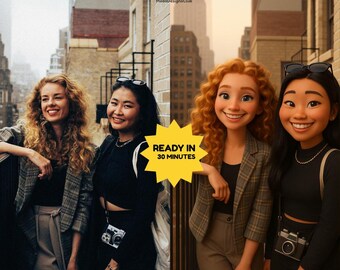 May include: Four smiling women, two in real-life and two in cartoon form, stand together in an urban setting. The women are wearing jackets, tops, and pants. One woman has a camera around her neck. A yellow starburst graphic reads "READY IN 30 MINUTES."