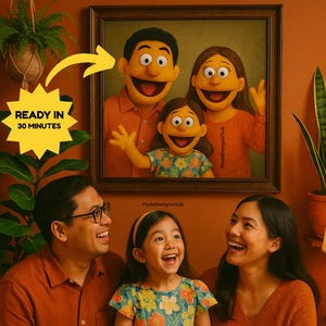May include: A family portrait with four people, two adults and two children. The adults are wearing orange shirts and the children are wearing floral print shirts. The portrait is framed in a brown wooden frame and is hanging on a wall. The wall is painted a light orange color. There are plants in the background.
