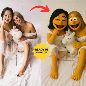 May include: Two women in white dresses are sitting on a bed with a unicorn plush toy. The women are smiling and looking at the camera. The text "READY IN 30 MINUTES" is on a yellow starburst.