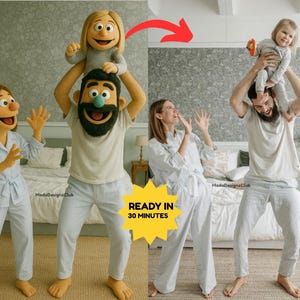 Könnte beinhalten: Eine Familie aus drei Puppen, darunter eine Frau in einem blau-weiß gestreiften Schlafanzug-Oberteil und -Hose, ein Mann in einem weißen Hemd und einer blau-weiß gestreiften Hose und ein Mädchen in einem grauen Hemd und einer Hose. Die Puppen stehen vor einem weißen Bett mit einer weißen Decke. Der Text "In 30 Minuten fertig" steht auf einem gelben Kreis.