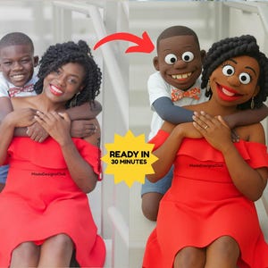 May include: A woman in a red dress is holding a young boy. The boy is smiling and has his arms around the woman's neck. The woman is also smiling and has her arms around the boy's waist. The woman is wearing a red dress with a ruffled neckline. The boy is wearing a blue shirt and a red bow tie. The background is a white wall.