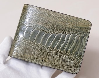Olive Green Ostrich Leather Bifold Wallet, Handmade Men's Wallet