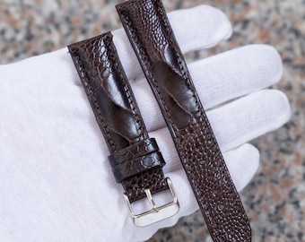 Dark Brown Ostrich Leg Leather Watch Strap, Hand-Stitched Band quick release
