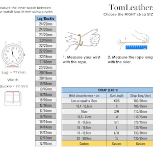 May include: An instructional guide by TomLeathers for sizing watch straps, featuring a list of lug and buckle widths in mm, diagrams for measuring wrist circumference with rope and a ruler, and a table correlating wrist size to strap length.