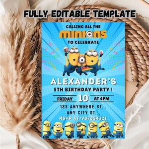 Invitation d'anniversaire Minion imprimable, invitation à une fête d'anniversaire Minion, modèle numérique d'invitation à une fête d'enfants, invitation à tous les Minions.