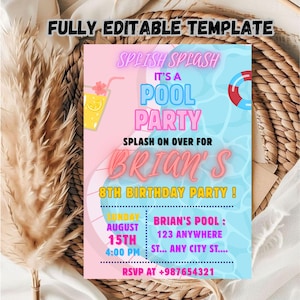 Editable Pool Party Birthday Invitation, Pool Party Printable Evite, Summer Pool Party Invitation Template, Digital Pool Party Kids Invite.