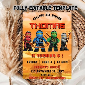 Printable Ninja Warrior Birthday Party Invite, Ninja Boys Birthday Bash Invite, Ninja Boys Party Invite, Ninja Go Birthday Party Evite.