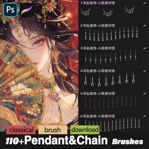Op de afbeelding: Digitale kunst met een vrouw met sierlijke sieraden en een waaier, samen met een weergave van hanger- en kettingpenselen. De afbeelding bevat de tekst "110+ Pendant & Chain Brushes" en de woorden "classical", "brush" en "download".