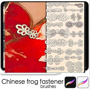 May include: Digital art featuring a collection of Chinese frog fastener brushes. The image shows various black and white line drawings of frog closures, with a red and cream background. Text at the bottom reads "Chinese frog fastener brushes."