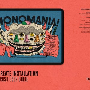 Op de afbeelding: Een digitale kunstgids met een blauwe achtergrond met een monsterillustratie met meerdere ogen en tanden. De tekst "MONOMANIA!" staat bovenaan. De gids bevat "PROCREATE INSTALLATION AND BRUSH USER GUIDE" en een witte stylus.