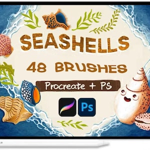 May include: Digital art illustration of seashells with the text "SEASHELLS 48 BRUSHES Procreate + PS". The image features various seashell illustrations, green seaweed, and a blue ocean wave border.