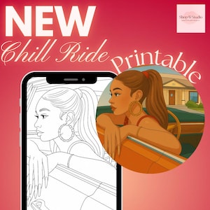Puede incluir: Anuncio de impresi&oacute;n de arte digital con fondo rojo. La imagen presenta a una mujer en un coche, con el texto "NEW Chill Ride printable" y "AVAILABLE ON ETSY". La mujer lleva pendientes de aro grandes.