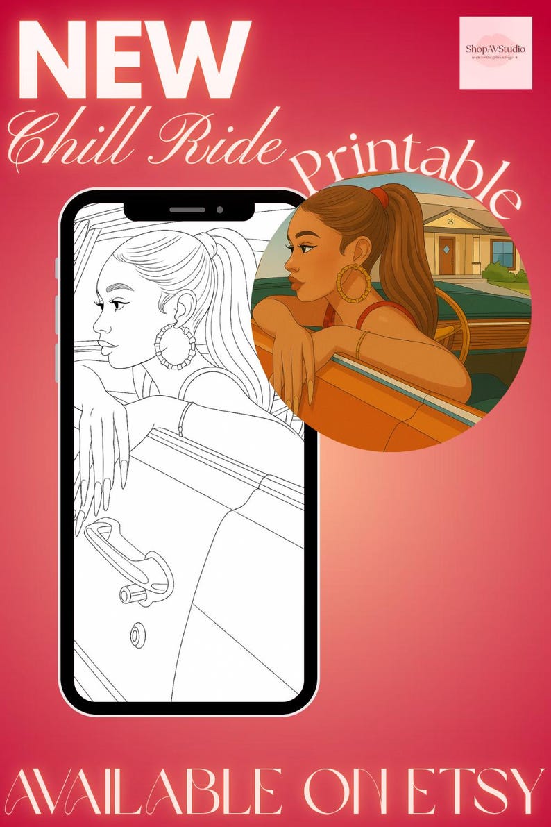 Puede incluir: Anuncio de impresi&oacute;n de arte digital con fondo rojo. La imagen presenta a una mujer en un coche, con el texto "NEW Chill Ride printable" y "AVAILABLE ON ETSY". La mujer lleva pendientes de aro grandes.