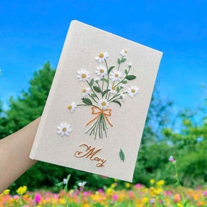 Custom Flowers Embroidery Wedding Guest Book, Personalized Floral Guestbook, Linen Memory Book, Wedding Engagement Book, Hard Cover Notebook