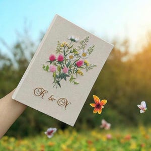 Custom Flowers Embroidery Wedding Guest Book, Personalized Floral Guestbook, Linen Memory Book, Wedding Engagement Book, Hard Cover Notebook