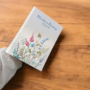 Custom Flowers Embroidery Wedding Guest Book, Personalized Floral Guestbook, Linen Memory Book, Wedding Engagement Book, Hard Cover Notebook