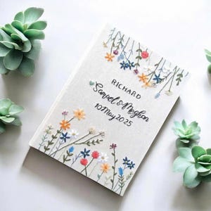 Custom Flowers Embroidery Wedding Guest Book, Personalized Floral Guestbook, Linen Memory Book, Wedding Engagement Book, Hard Cover Notebook
