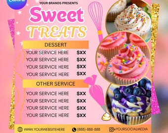 Bearbeitbare Bäckerei Flyer Vorlage, Rosa Kuchenkarte, Canva (Digitaler Download)