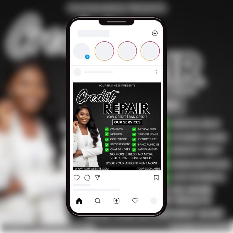 Op de afbeelding: Een smartphonescherm toont een advertentie voor kredietreparatie. De advertentie toont een vrouw in een witte blazer en vermeldt diensten zoals uitzettingen, vragen en medische rekeningen. De tekst luidt "Credit Repair" en "Book Your Appointment Now!"