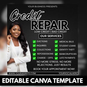 Op de afbeelding: Een promotionele afbeelding voor kredietreparatieservices. De afbeelding toont een vrouw in een witte blazer, met de tekst "Credit Repair" en vermeldt diensten zoals uitzettingen, vragen en medische rekeningen. De afbeelding is een Canva-sjabloon.