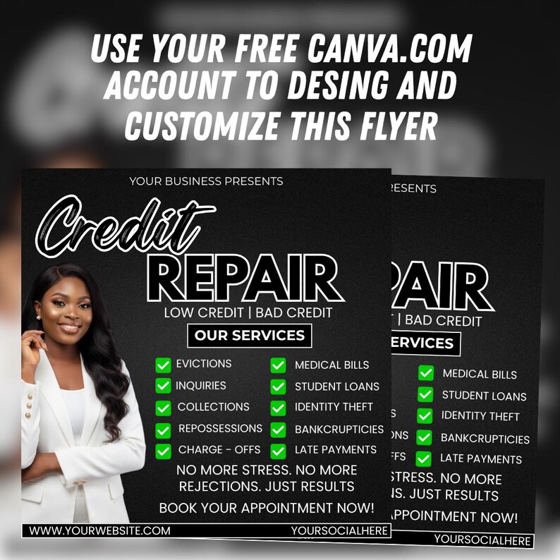 Op de afbeelding: Een zwart-witte flyer die kredietreparatieservices promoot. De flyer bevat de tekst "Credit Repair" en vermeldt diensten zoals uitzettingen, vragen en medische rekeningen. Er is ook een foto van een lachende vrouw opgenomen.