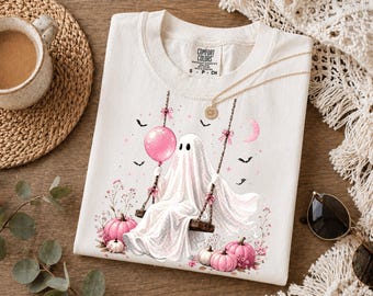 Ghost on Floral Swing Shirt, Pink Halloween Design with Pumpkins Moon, Cute Girly Ghost Scene, Coquette Halloween Shirt