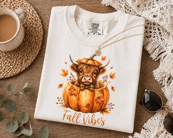 Highland Cow Fall T-Shirt - Autumn Pumpkin Design with Leopard Print & Coquette Bow