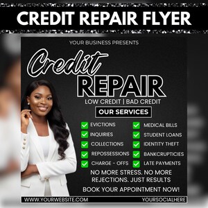 Op de afbeelding: Zwart-witte flyer met de tekst "CREDIT REPAIR FLYER". De flyer toont een lachende vrouw in een witte blazer. De tekst "Credit Repair" en een lijst met diensten zoals uitzettingen en vragen zijn opgenomen.