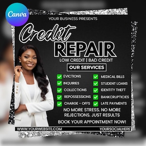 Op de afbeelding: Een promotionele afbeelding voor kredietreparatieservices. Het ontwerp toont een vrouw in een witte blazer, de woorden "Credit Repair" in grote letters en een lijst met services. De achtergrond is zwart met zilveren glitteraccenten. De tekst bevat "Low Credit | Bad Credit".
