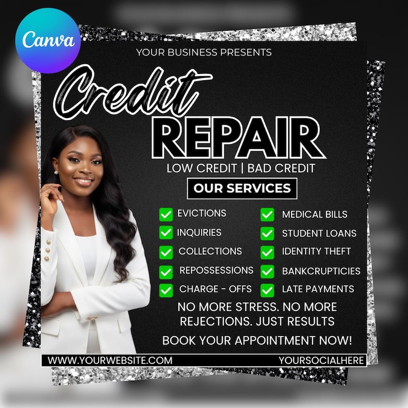 Op de afbeelding: Een promotionele afbeelding voor kredietreparatieservices. Het ontwerp toont een vrouw in een witte blazer, de woorden "Credit Repair" in grote letters en een lijst met services. De achtergrond is zwart met zilveren glitteraccenten. De tekst bevat "Low Credit | Bad Credit".