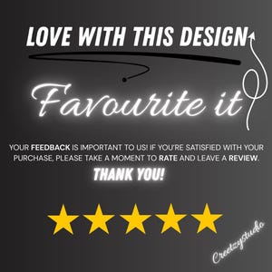 Op de afbeelding: Grafisch ontwerp op een donkergrijze achtergrond met de witte tekst "LOVE WITH THIS DESIGN" en "Favourite it". Daaronder staat "YOUR FEEDBACK IS IMPORTANT TO US!" en "THANK YOU!". Vijf gouden sterren staan onderaan.