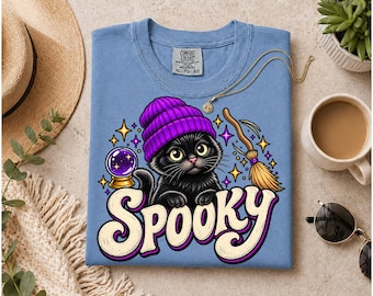 Black Cat Halloween Shirt, Witch Cat Graphic Tee, Vintage Spooky Cat Shirt, Witchy Comfort Colors Tee, Gothic Cat Lover Gift, Fall T-Shirt