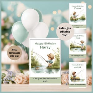 Tarjeta de cumpleaños de pesca, tarjeta de pesca personalizada para niños, tarjeta de felicitación de pesca, regalo único para niños, feliz cumpleaños papá, tarjeta editable