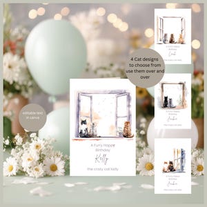 Carte d'anniversaire Crazy Cat Lady, 4 cartes de voeux design chat, carte de voeux chat, carte d'amoureux des chats, carte de joyeux anniversaire carte modifiable