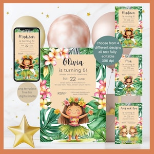 Editable Hawaiian birthday invitation, Tropical Birthday Invite, Girls 5th Birthday Invite, Luau party template, Birthday Invite for Twins